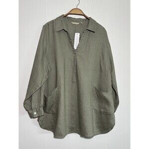 Soft Surroundings Linen Pullover Women's 2X Green V Neck Shirt Livia Pockets New